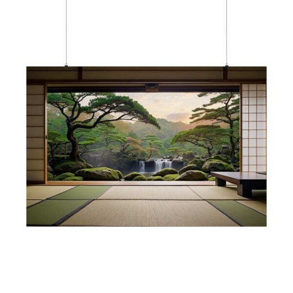 Traditional Japanese room with sliding doors overlooking a serene moss-covered garden with a waterfall and lush greenery