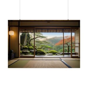 Japanese-style room with sliding doors opening to a moss-covered garden and distant mountain views