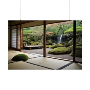 Serene Japanese-style room with sliding doors overlooking a peaceful moss-covered garden with a waterfall