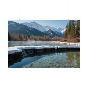 Calm lake with snow-covered shore, mountains in the background, and clear water reflecting the sky