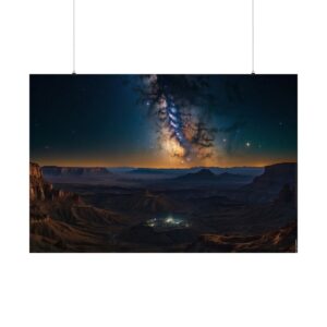 night sky with a galaxy and stars over an alien canyon landscape illuminated by distant lights