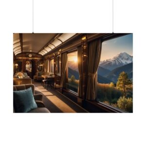 Luxurious vintage train interior with large windows offering a scenic view of mountains and a setting sun.