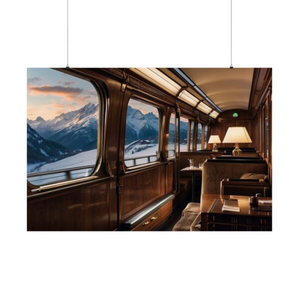 Luxurious vintage train interior with elegant lighting and large windows offering a scenic view of snow-capped mountains at sunset.