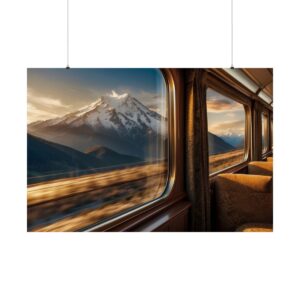 View from inside a vintage train with large windows showing a snow-covered mountain in the distance during a scenic journey.