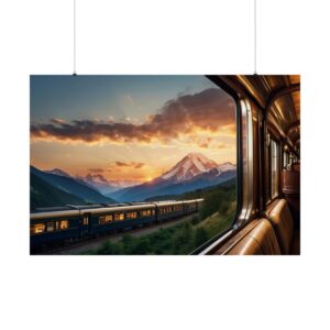 View from a vintage train window showing a passing train and majestic mountains at sunset under a colorful sky.