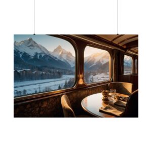 Luxurious seating and table inside a vintage train with large windows offering a scenic view of snow-covered mountains at sunrise.