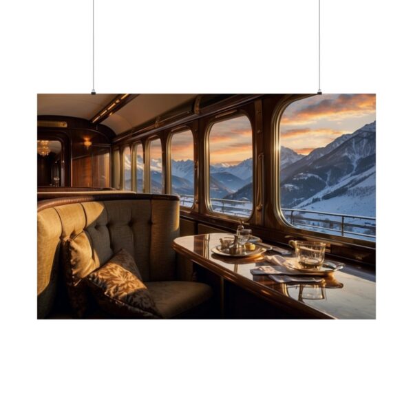 Cozy seating and tea set inside a vintage train with panoramic windows overlooking snow-covered mountains at sunset.