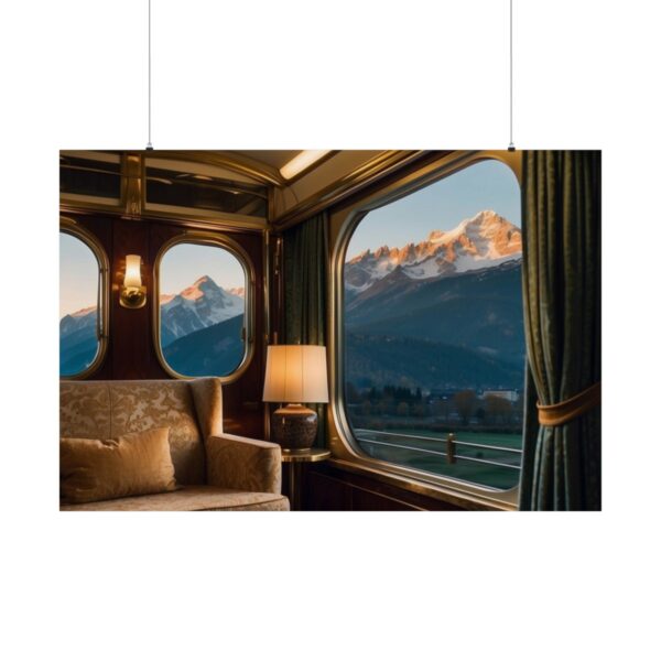 Scenic view of mountains from a luxurious vintage train interior with elegant furniture and warm lighting.