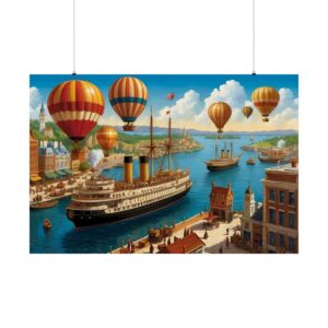 Vintage harbor scene with hot air balloons, a steamship, and sailing boats surrounded by historical buildings