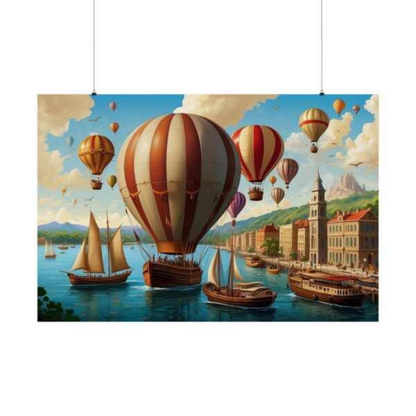 Vintage harbor scene with hot air balloons, sailing boats, and steam-powered boats near historical buildings