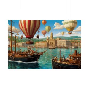 Vintage harbor scene with hot air balloons, steam-powered boats, and historical buildings in the background