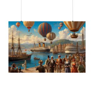 Vintage harbor scene with hot air balloons, steamships, and sailing vessels surrounded by a crowd of people in historical attire