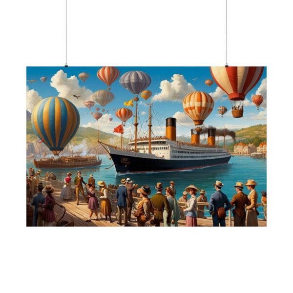 Vintage scene of a crowd at a harbor watching hot air balloons and a large steamship in the water