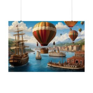 Vintage scene with hot air balloons flying over a harbor, featuring sailing ships and steam-powered boats