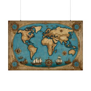 Antique world map with vintage sailing ships and decorative nautical-themed elements including compasses and a blue ocean backdrop