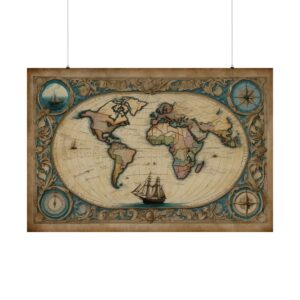 Antique world map with detailed nautical decorations, featuring a vintage sailing ship and compass motifs