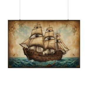 Vintage sailing ship on the open sea with intricate antique map-style details and decorative border elements