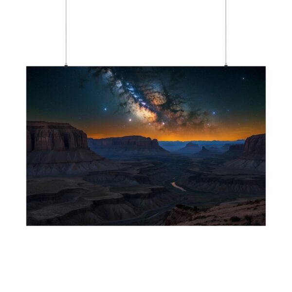 night sky with a galaxy and stars over an alien canyon landscape at dusk