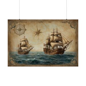 Two vintage sailing ships on the open sea, surrounded by a decorative, antique nautical-themed border with compasses and maps