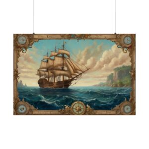 Vintage sailing ship on the open sea, surrounded by a decorative nautical-themed border with compasses