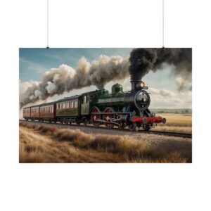 Vintage green steam locomotive traveling through an open countryside with billowing smoke under a clear sky