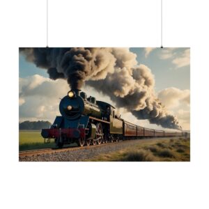 Vintage steam locomotive traveling through open countryside with heavy billowing smoke under a bright sky