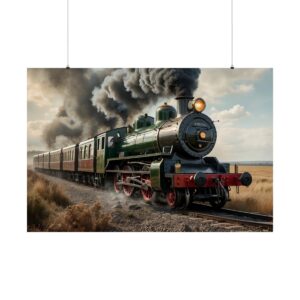 Vintage green steam locomotive traveling through open countryside with billowing smoke under a clear sky