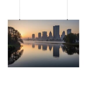 City skyline at sunrise with buildings reflected in a calm river, surrounded by trees and mist.