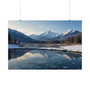 Clear mountain lake with snow-covered shores, reflecting snowy peaks and trees under a bright sky.