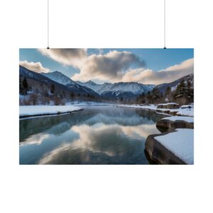 Clear mountain lake reflecting snowy peaks and clouds, surrounded by snow-covered shores and serene mountains.