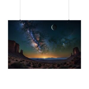 stunning night sky with a crescent moon and galaxy over an alien desert landscape with towering rock formations