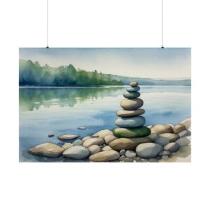 Stack of smooth stones balanced on a rocky lakeshore with calm water and trees reflected in the background.