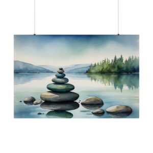 Stack of smooth stones on a calm lakeshore, with reflections of trees and mountains in the peaceful water.