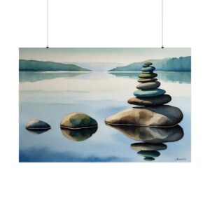 Stack of smooth stones balanced on a rock in calm water, with serene mountains and reflections in the background.