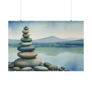 Balanced stack of smooth stones on the shore of a calm lake, with distant mountains and a peaceful sky in the background.