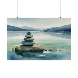 Stack of smooth stones balanced on a rock in calm waters, with misty mountains in the background.