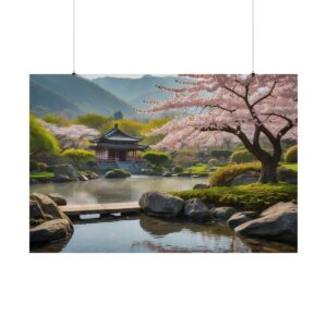 Peaceful Zen garden with cherry blossom trees, a calm pond, rocks, and a traditional pavilion in the background.