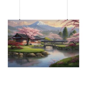 Serene Zen garden with cherry blossoms, a calm pond, traditional buildings, and a mountain in the background.