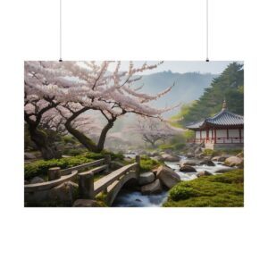 Zen garden with cherry blossom trees, a stone bridge over a flowing stream, and a traditional pavilion surrounded by nature.