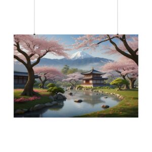 Zen garden with cherry blossom trees, a peaceful pond, traditional pavilion, and a mountain in the background.