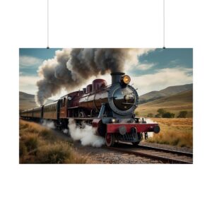 Vintage steam locomotive traveling through a rural landscape with smoke billowing from the engine