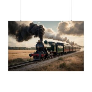 Vintage steam locomotive traveling through a countryside landscape with smoke billowing from the engine