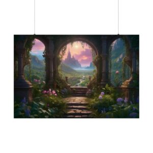 Enchanted garden with stone arches, vibrant flowers, and a distant castle at sunset