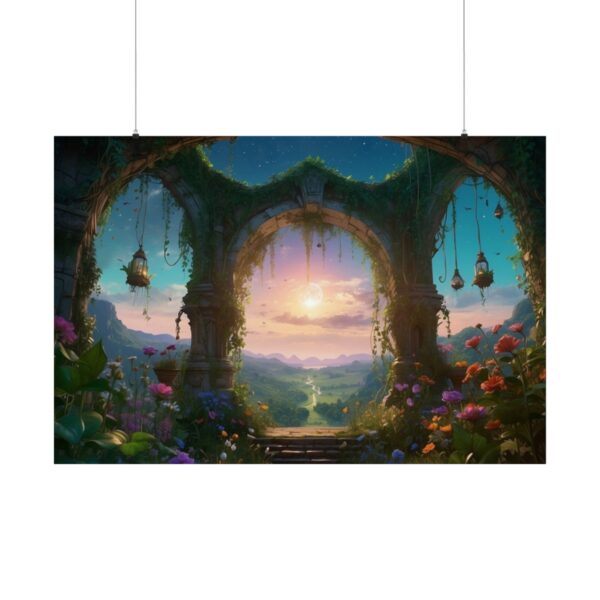 Enchanted garden with stone arches draped in vines, glowing lanterns, and colorful flowers at sunset