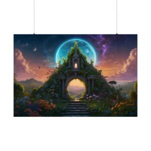 Enchanted stone archway surrounded by lush flowers and greenery with a glowing moon and colorful sky in the background