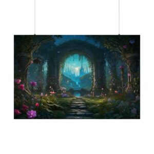 Enchanted garden with stone archways, glowing flowers, and a distant glowing castle under a mystical night sky