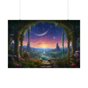 Enchanted garden with stone archways, lush flowers, and a crescent moon illuminating distant towers at twilight