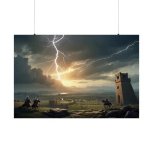 Warriors on horseback near a tower as lightning strikes in a stormy sky