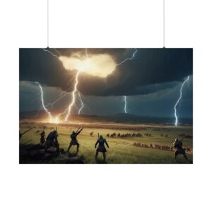 Warriors standing on a field during a storm with lightning striking across the sky