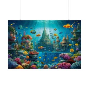 Underwater city with vibrant coral reefs, ancient temples, and colorful fish swimming under sunlight